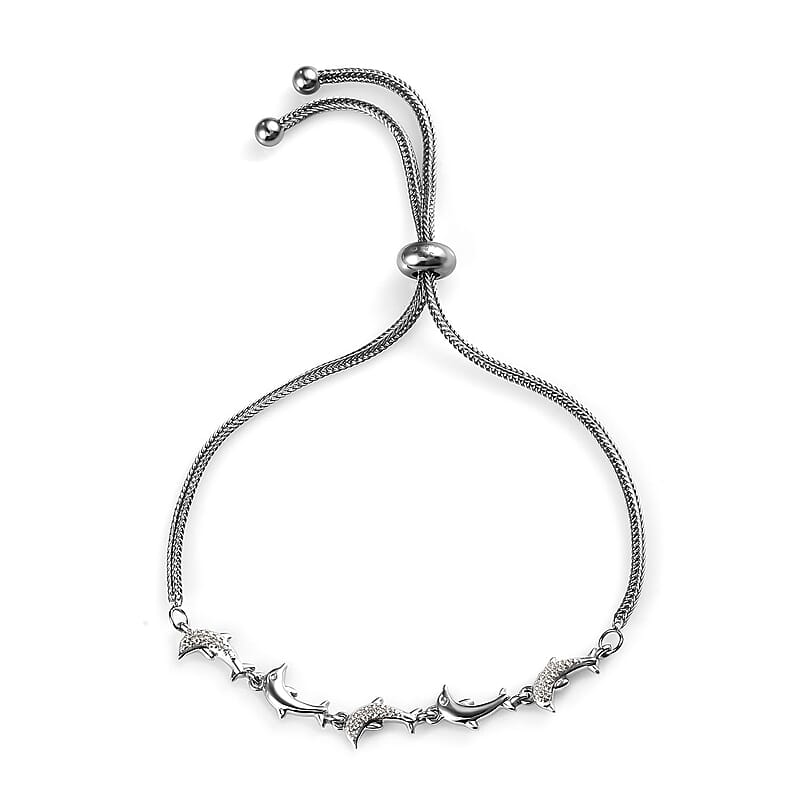 Diamond Accent Dolphin Bolo Bracelet in Platinum Over Sterling Silver and Stainless Steel