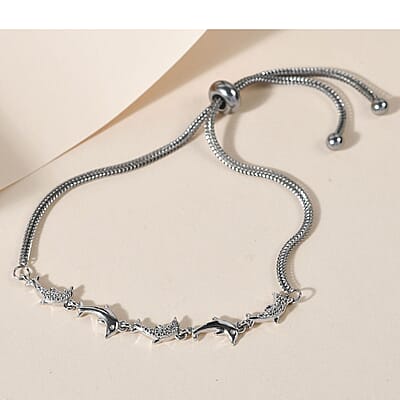 Diamond Accent Dolphin Bolo Bracelet in Platinum Over Sterling Silver and Stainless Steel