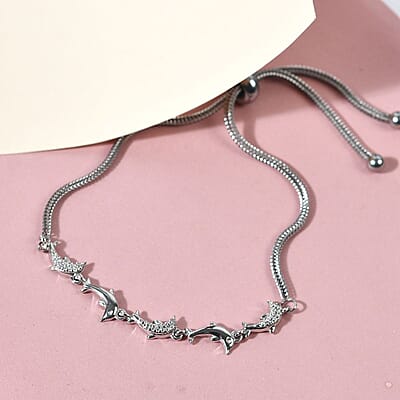 Diamond Accent Dolphin Bolo Bracelet in Platinum Over Sterling Silver and Stainless Steel