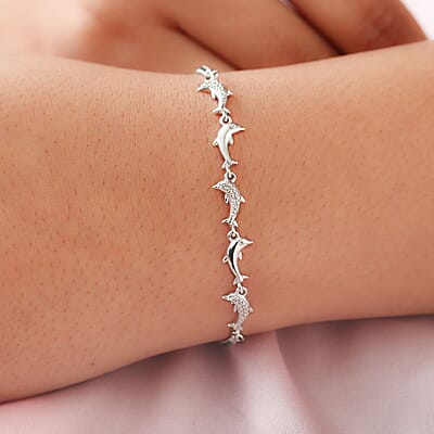 Diamond Accent Dolphin Bolo Bracelet in Platinum Over Sterling Silver and Stainless Steel