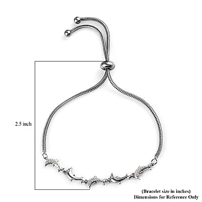 Diamond Accent Dolphin Bolo Bracelet in Platinum Over Sterling Silver and Stainless Steel