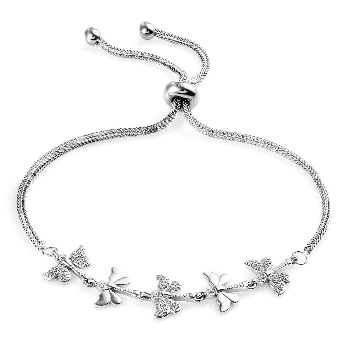 Diamond Accent Butterfly Bracelet in Platinum Over Sterling Silver with Stainless Steel Bolo Chain image number 0