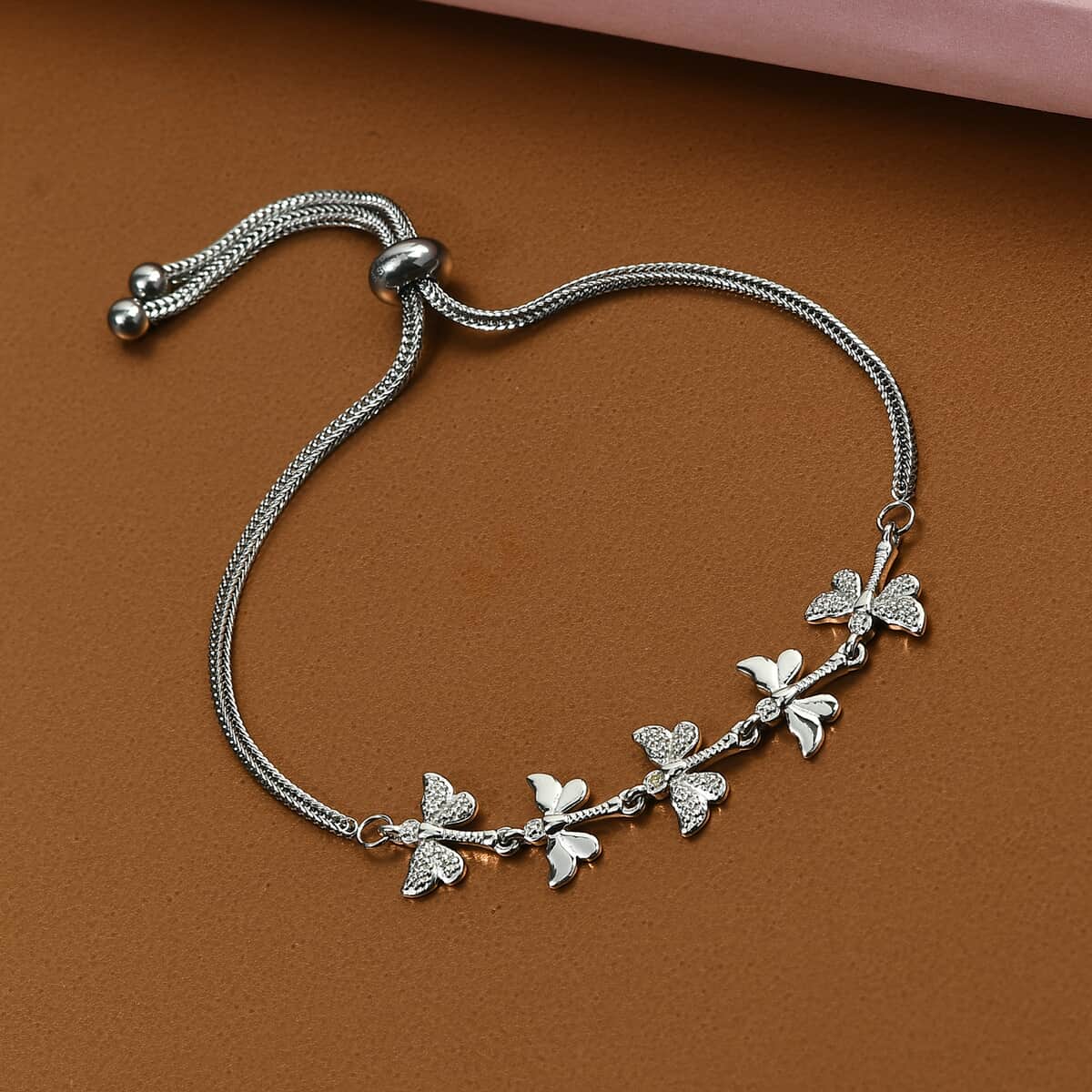 Diamond Accent Butterfly Bracelet in Platinum Over Sterling Silver with Stainless Steel Bolo Chain image number 1