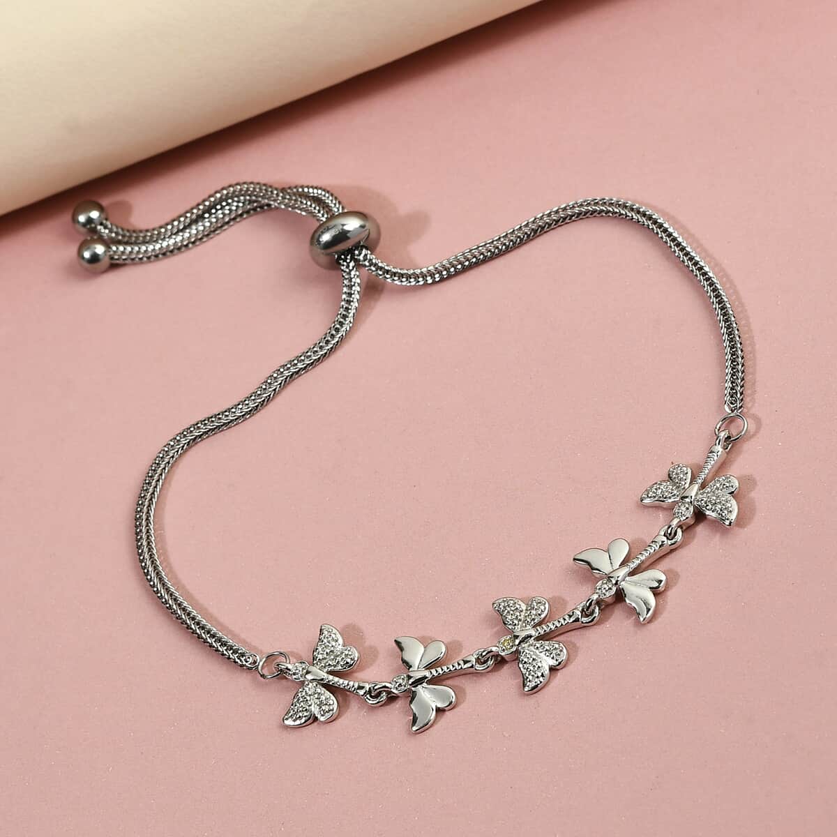 Diamond Accent Butterfly Bracelet in Platinum Over Sterling Silver with Stainless Steel Bolo Chain image number 2