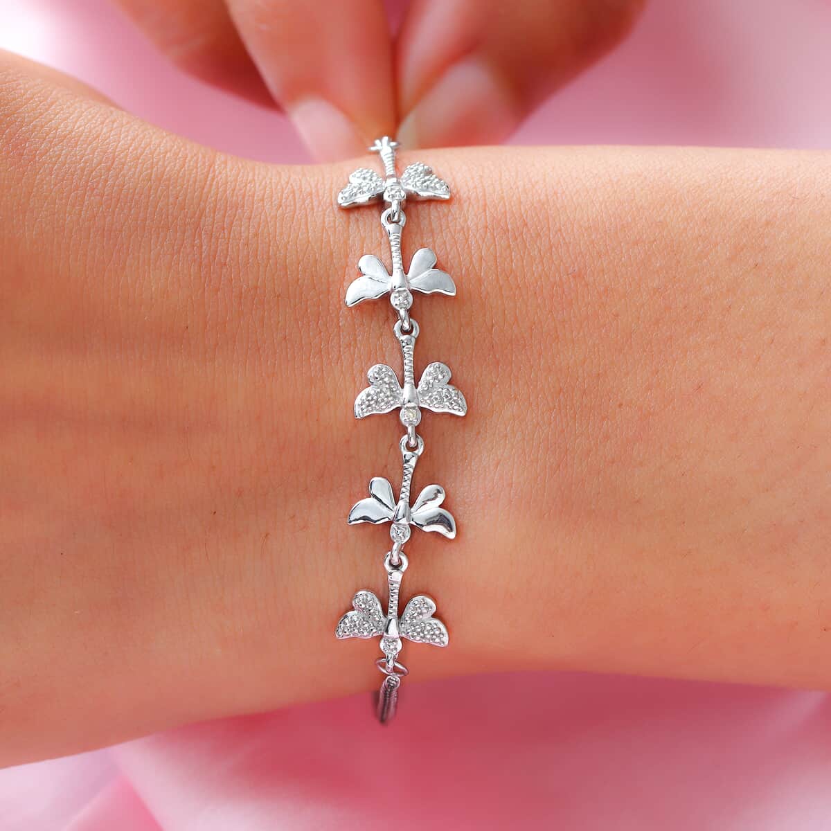 Diamond Accent Butterfly Bracelet in Platinum Over Sterling Silver with Stainless Steel Bolo Chain image number 3