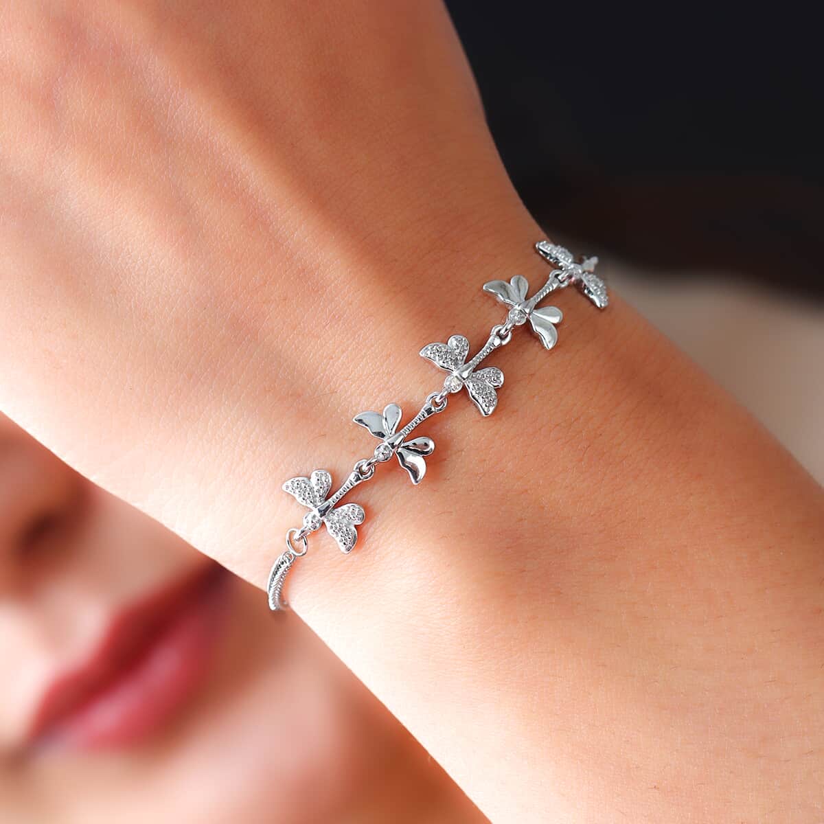 Diamond Accent Butterfly Bracelet in Platinum Over Sterling Silver with Stainless Steel Bolo Chain image number 4