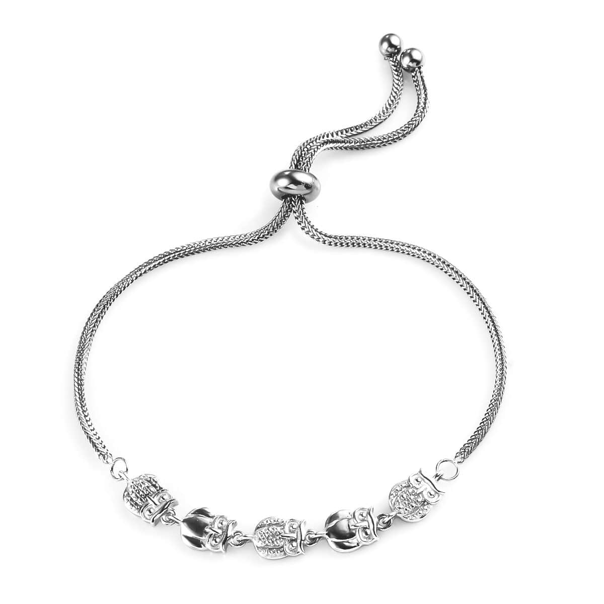Diamond Accent Owl Bolo Bracelet in Platinum Over Sterling Silver and Stainless Steel image number 0