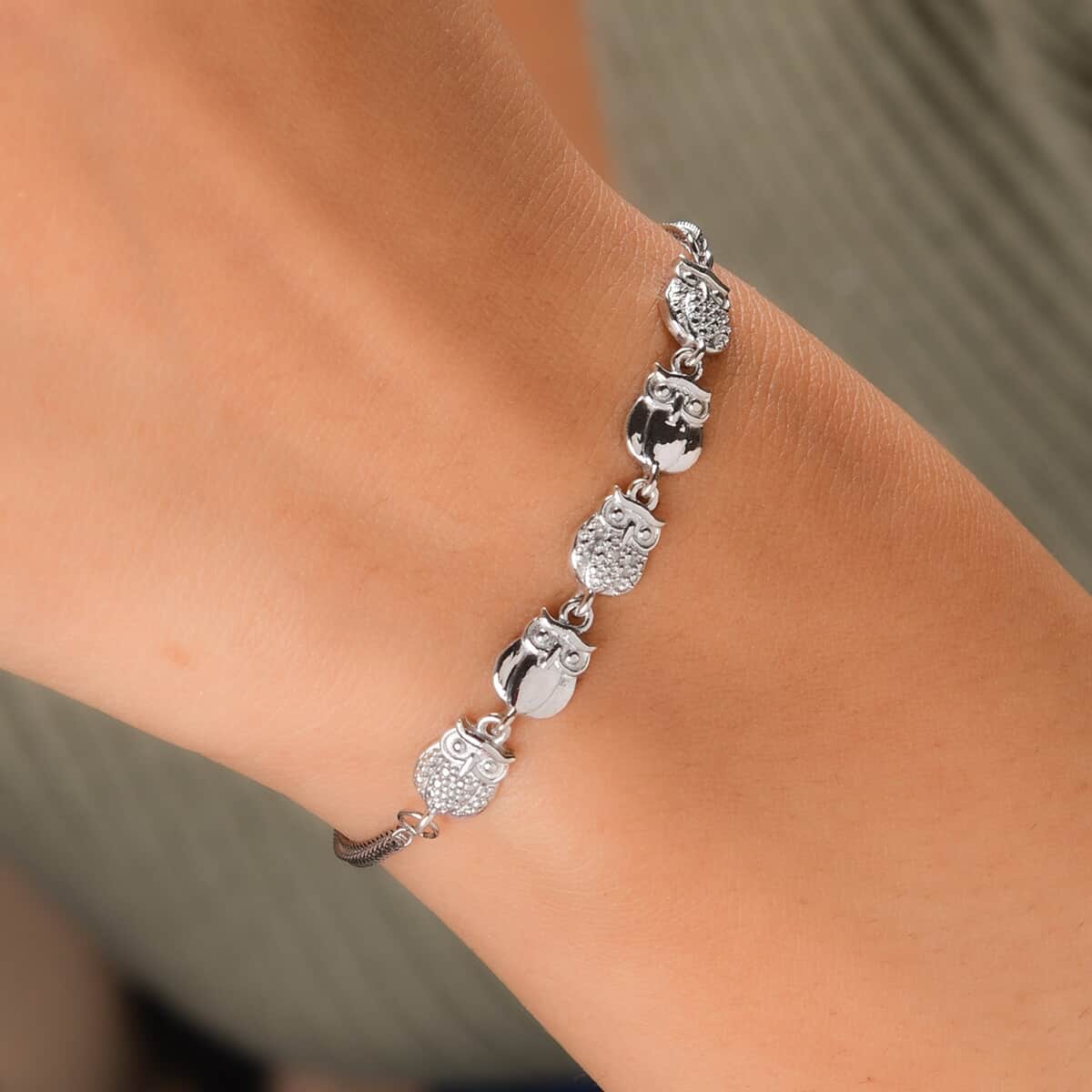 Diamond Accent Owl Bolo Bracelet in Platinum Over Sterling Silver and Stainless Steel image number 4