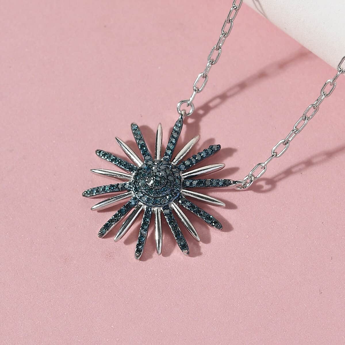 Blue Diamond Sunburst Necklace 20 Inches in Rhodium & Platinum Over Sterling Silver 0.50 ctw image number 1