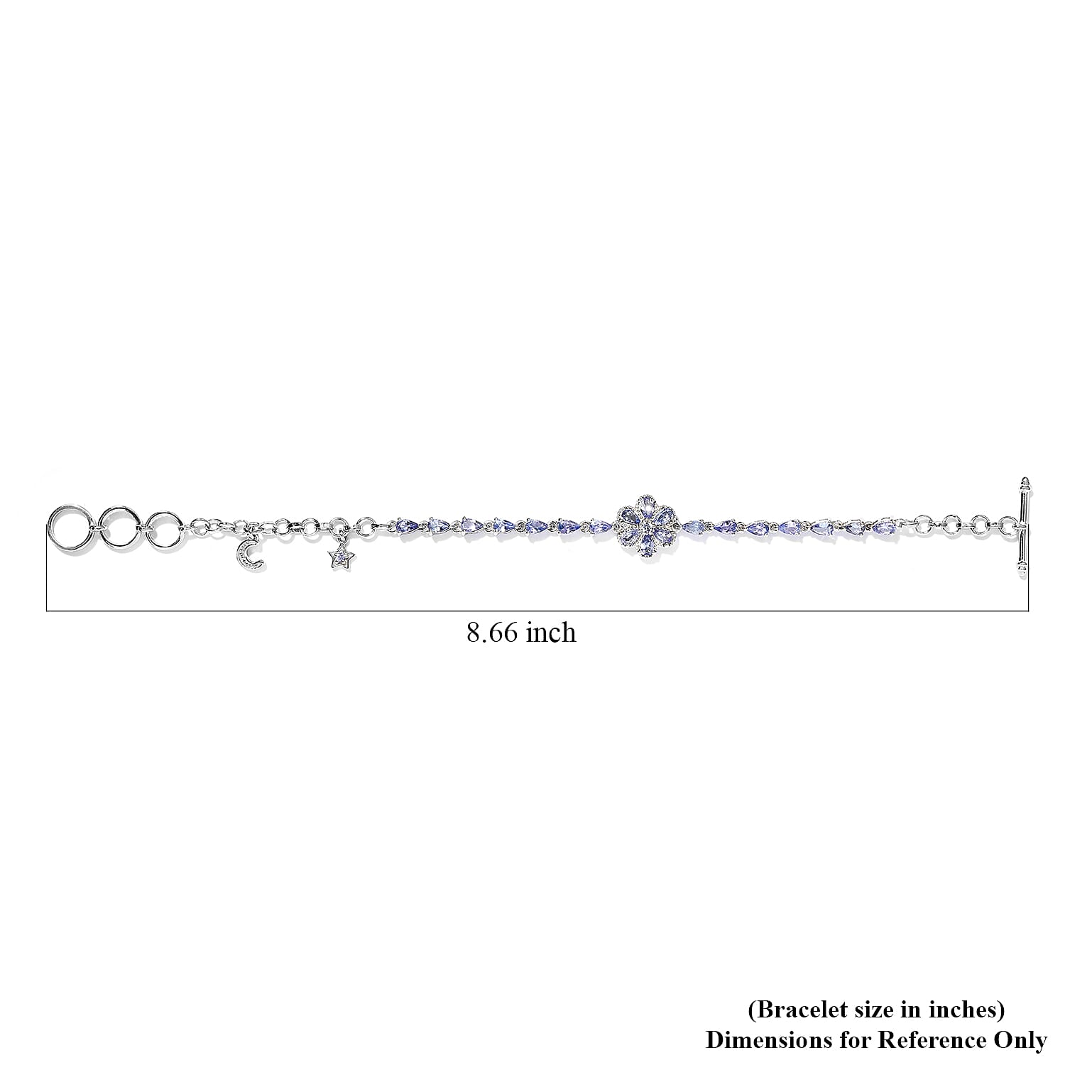 Tanzanite Floral and Tear Drop Shape Celestial Charm Bracelet in Platinum Over Sterling Silver (7.25 In) 8.70 Grams 4.00 ctw