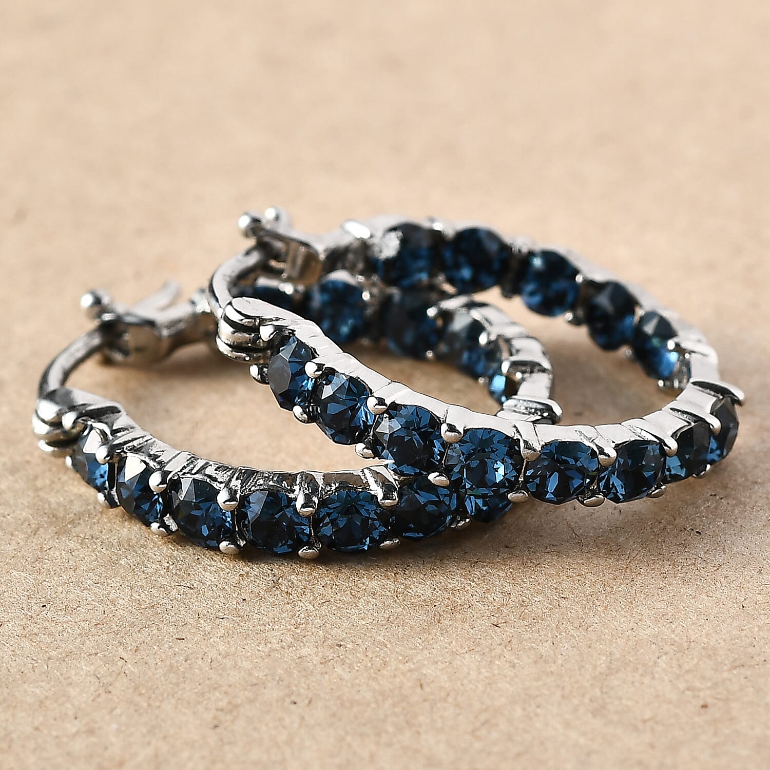 J Francis Embellished with Montana Crystal by Swarovski Hoop Earrings in Stainless Steel