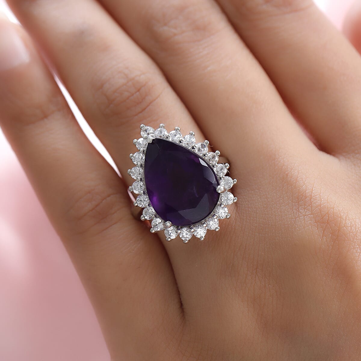 Amethyst and Natural White Zircon Floral Pear Shape Cocktail Ring in Platinum Over Sterling Silver (Size 9.0) 13.00 ctw image number 2