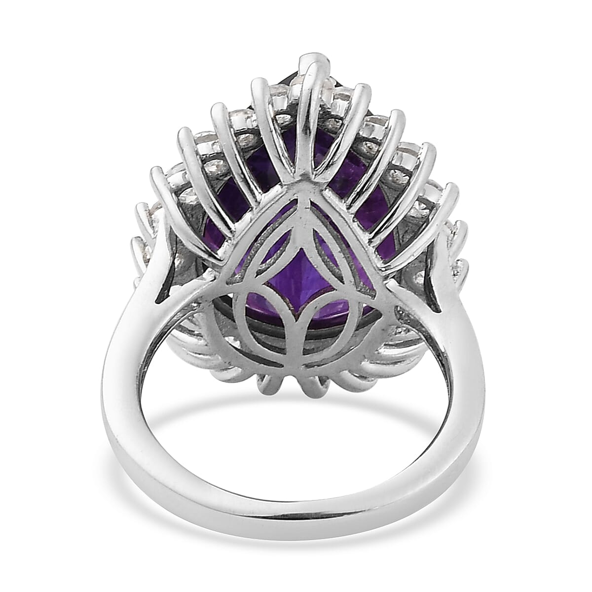 Amethyst and Natural White Zircon Floral Pear Shape Cocktail Ring in Platinum Over Sterling Silver (Size 9.0) 13.00 ctw image number 4