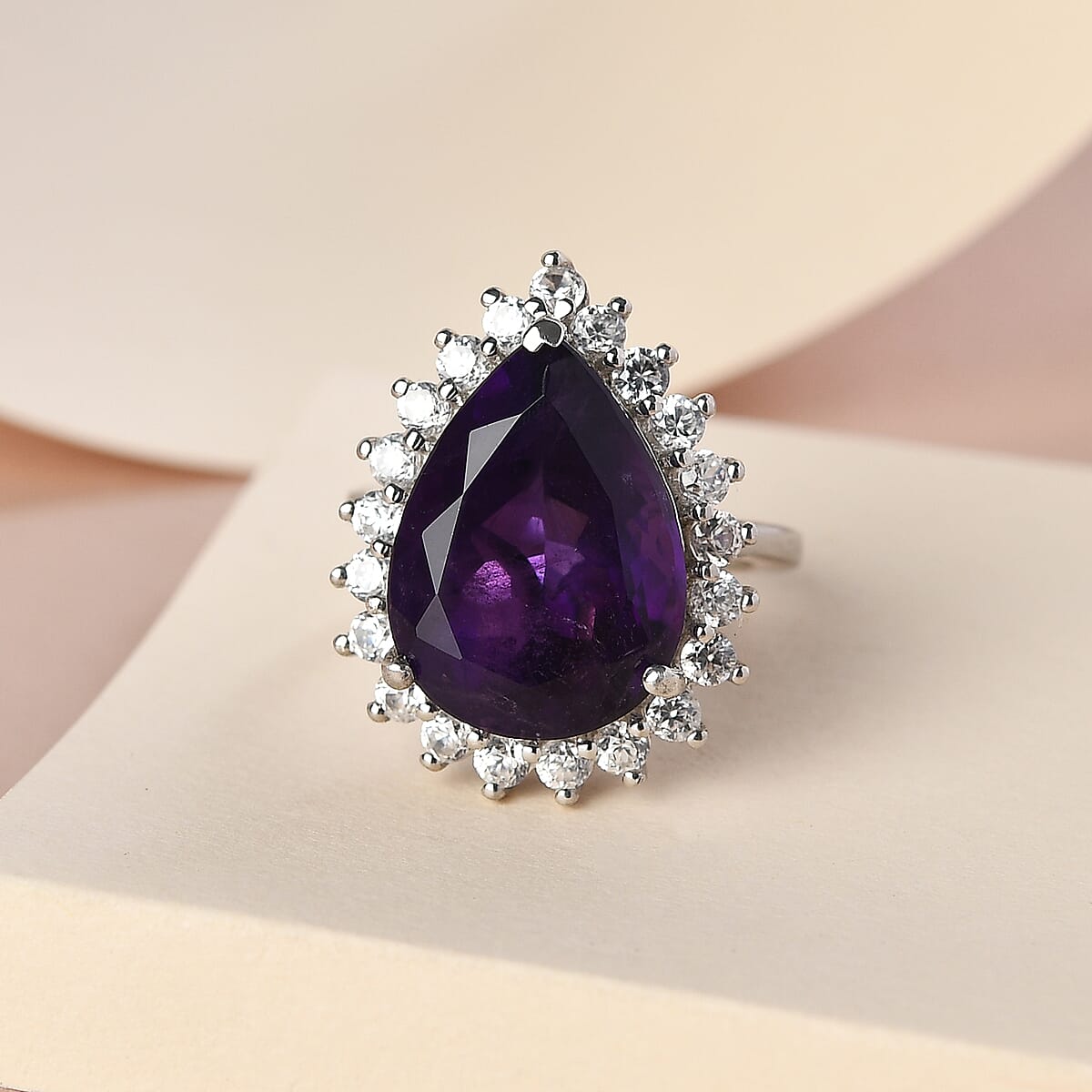 Amethyst and Natural White Zircon Floral Pear Shape Cocktail Ring in Platinum Over Sterling Silver (Size 7.0) 13.00 ctw image number 1