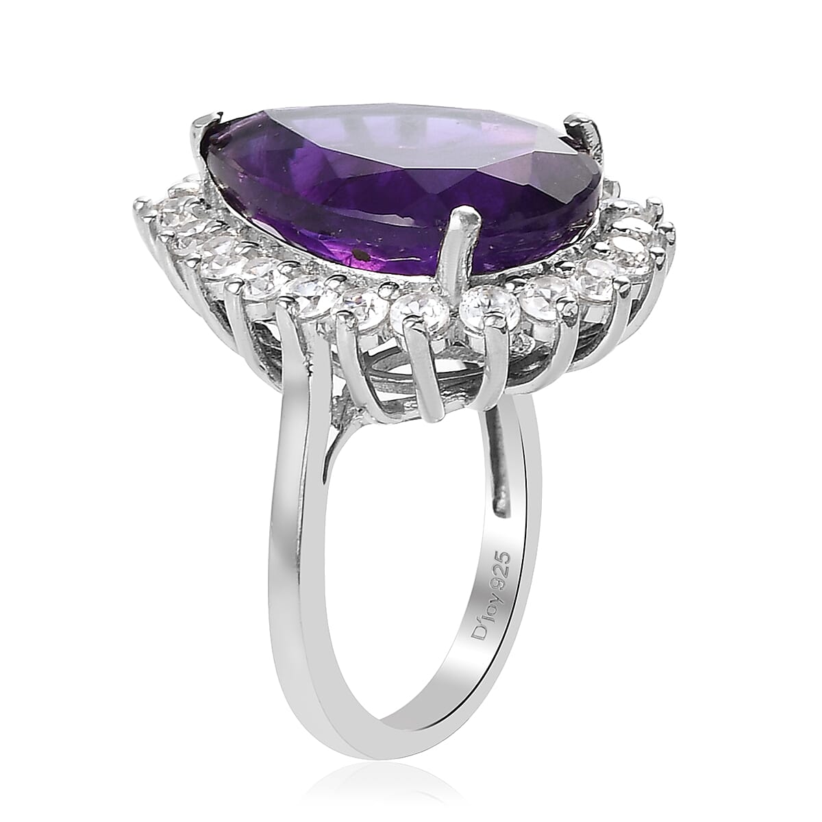 Amethyst and Natural White Zircon Floral Pear Shape Cocktail Ring in Platinum Over Sterling Silver (Size 7.0) 13.00 ctw image number 3