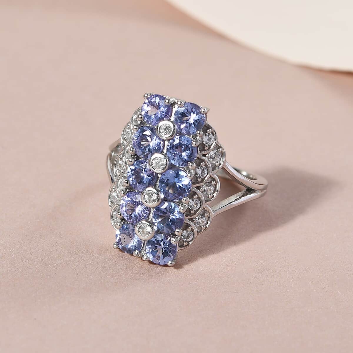 Tanzanite and Natural White Zircon Ring in Platinum Over Sterling Silver (Size 9.0) 2.90 ctw image number 1