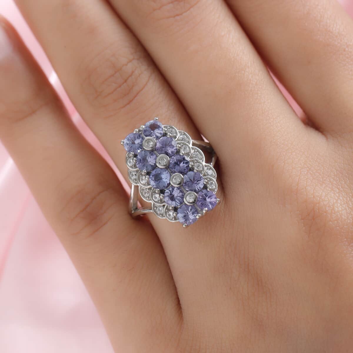 Tanzanite and Natural White Zircon Ring in Platinum Over Sterling Silver (Size 9.0) 2.90 ctw image number 2