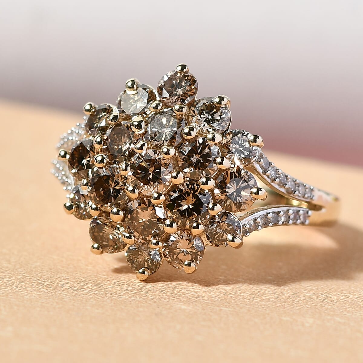 Luxoro 10K Yellow Gold Natural Champagne and White Diamond Floral Ring (Size 6.0) 2.00 ctw image number 1