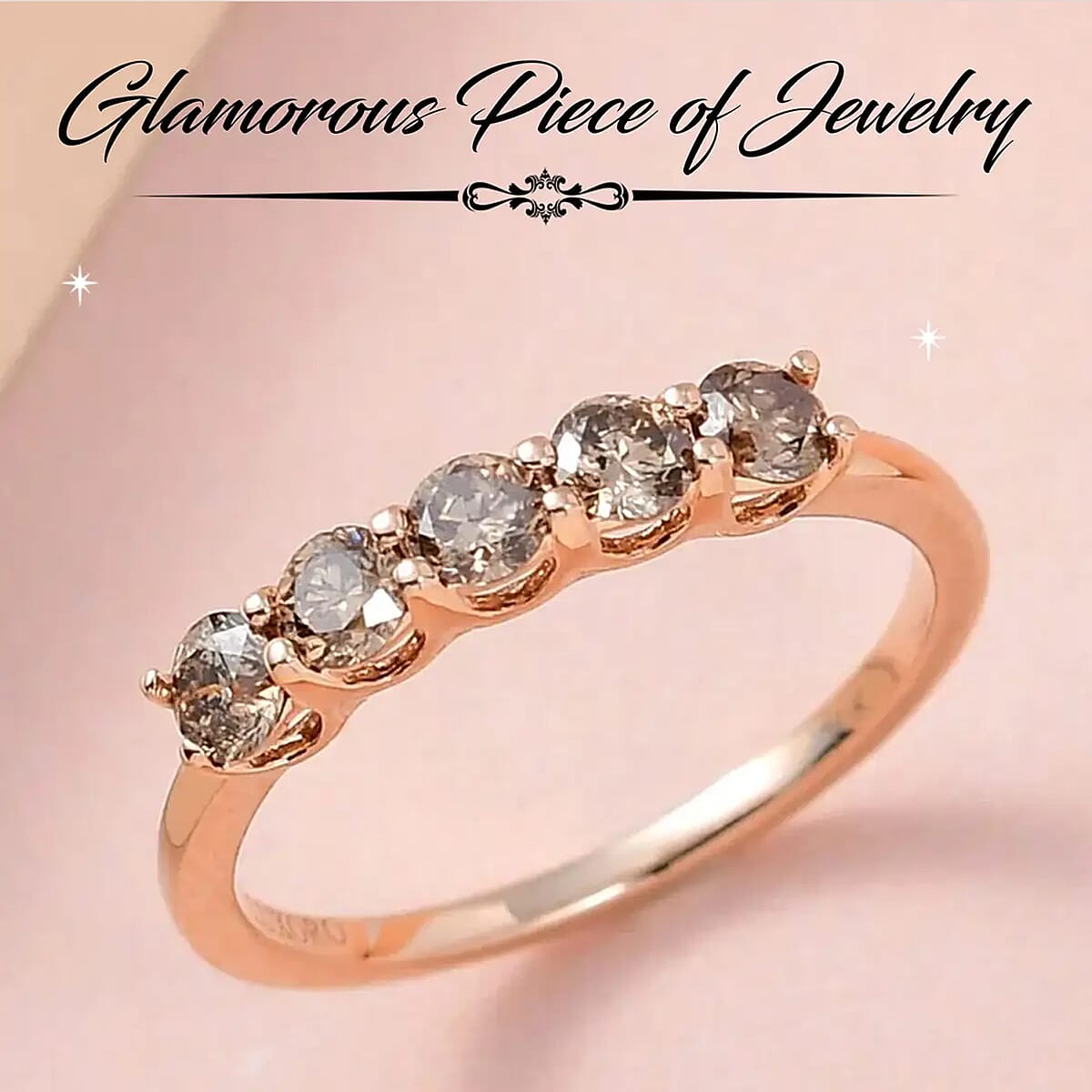 10K Rose Gold Natural Champagne Diamond Five Stone Ring, Wedding Band Ring, Promise Rings For Women 1.00 ctw (Size 11) image number 1