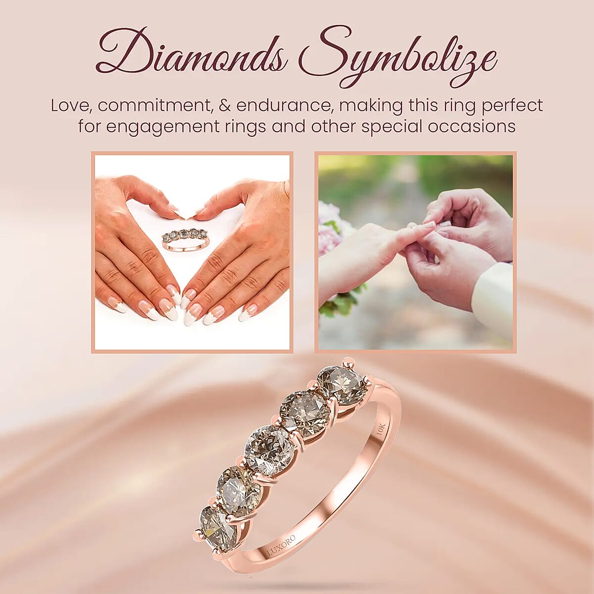 10K Rose Gold Natural Champagne Diamond Five Stone Ring, Wedding Band Ring, Promise Rings For Women 1.00 ctw (Size 11) image number 2