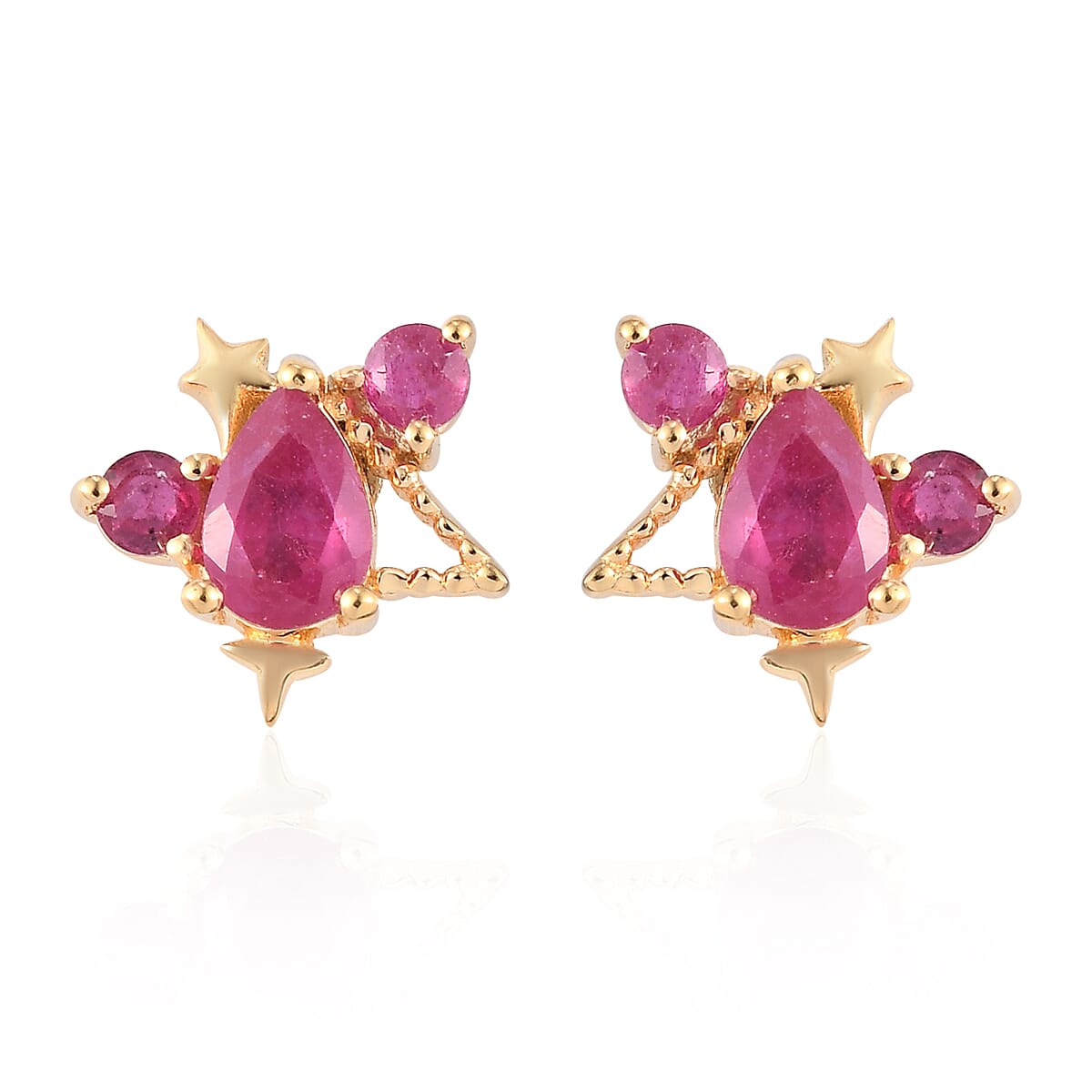 Niassa Ruby (FF) Wish Upon A Star Cluster Stud Earrings in Vermeil Yellow Gold Over Sterling Silver 1.30 ctw image number 1