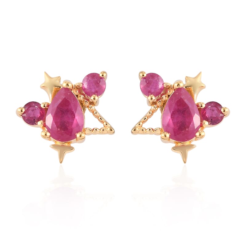 Niassa Ruby (FF) Wish Upon A Star Cluster Stud Earrings in Vermeil Yellow Gold Over Sterling Silver 1.30 ctw