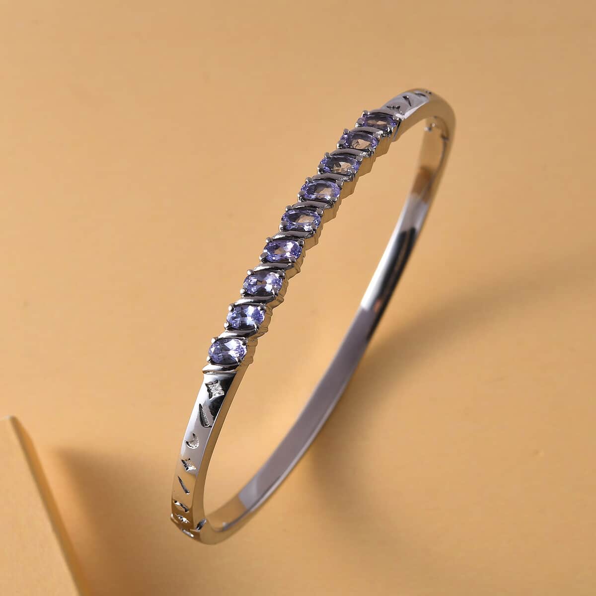 Tanzanite Moon and Star Bangle Bracelet in ION Plated YG & Stainless Steel (7.25 in) 2.10 ctw image number 1