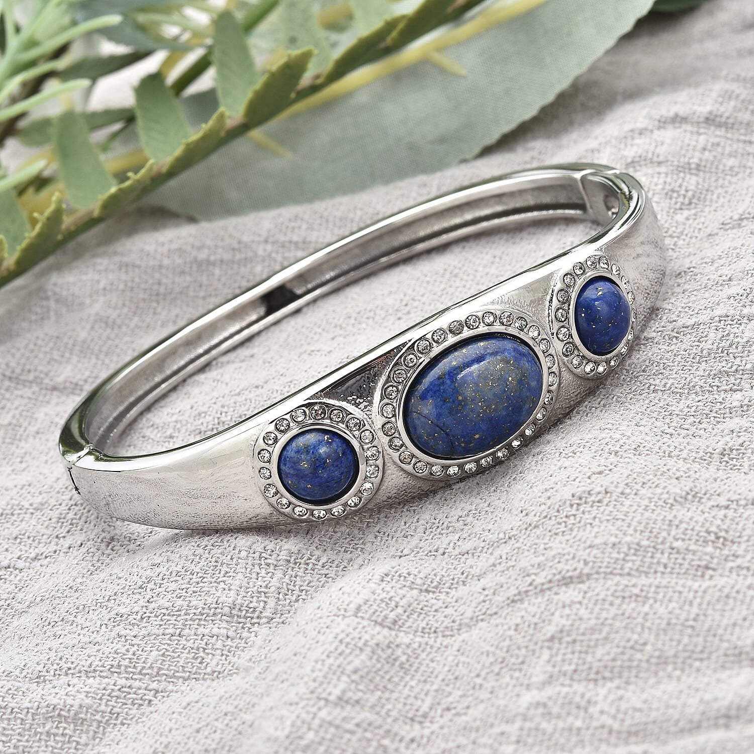 Lapis Lazuli and Austrian Crystal Bangle Bracelet in Stainless Steel (7.25 In) 14.00 ctw