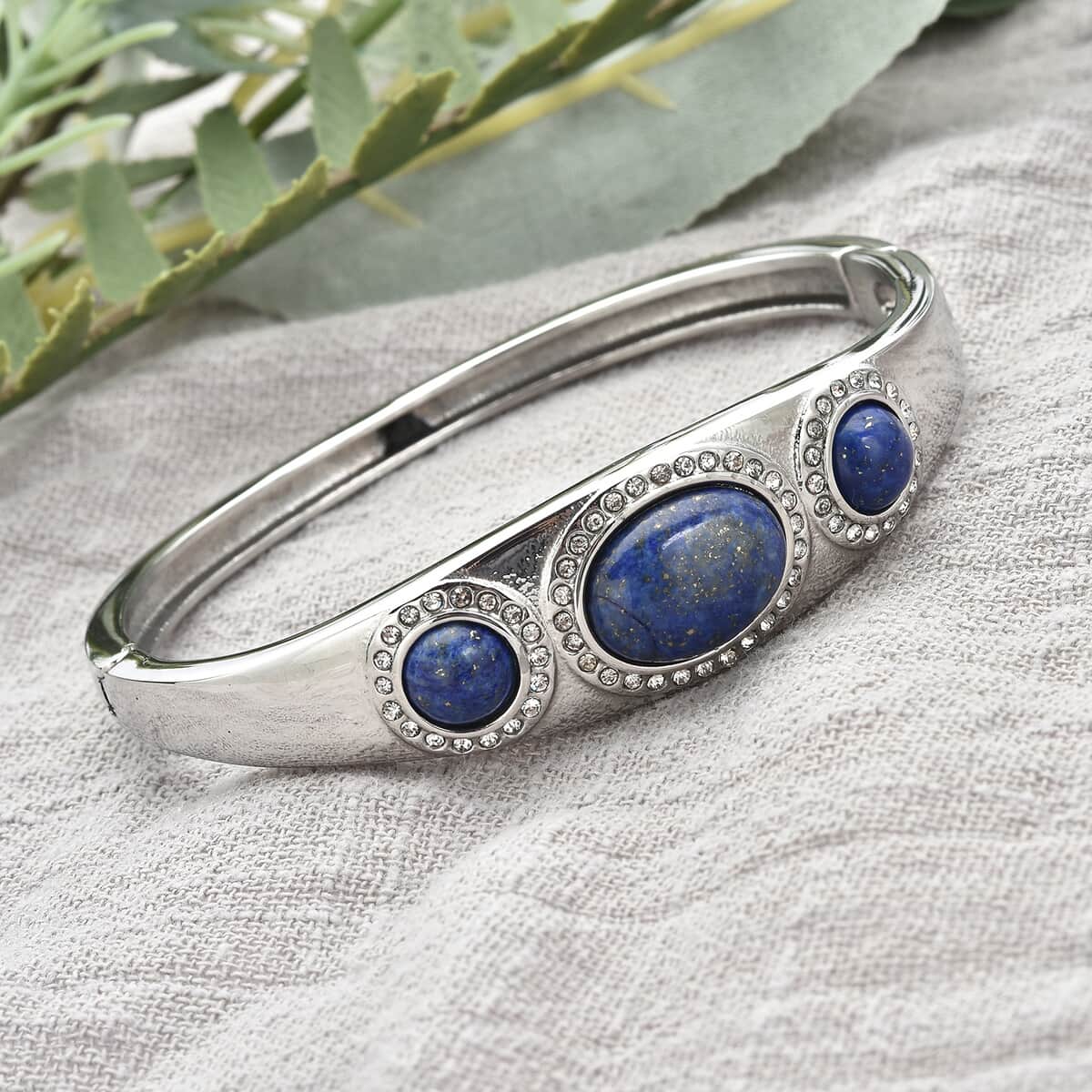 Lapis Lazuli and Austrian Crystal Bangle Bracelet in Stainless Steel (7.25 In) 14.10 ctw image number 1