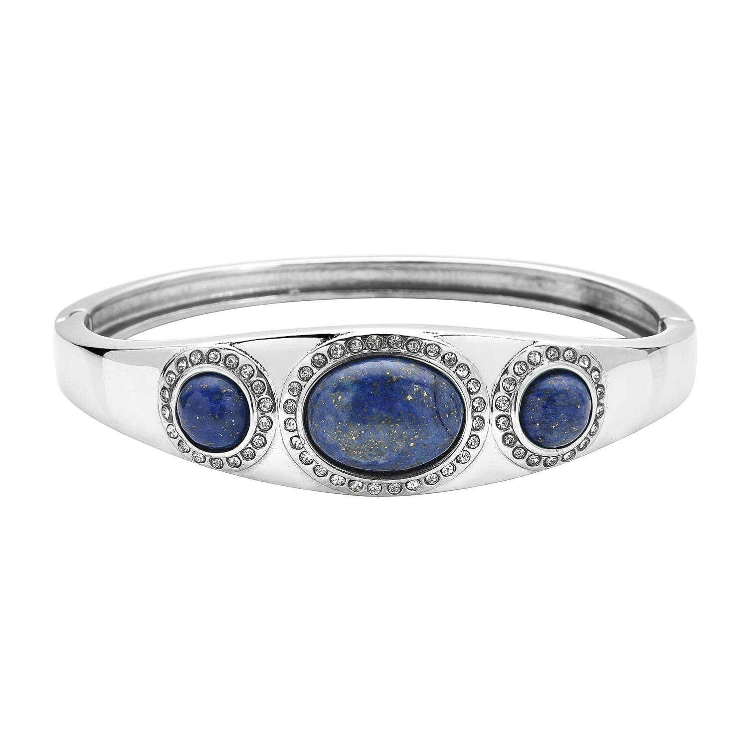 Lapis Lazuli and Austrian Crystal Bangle Bracelet in Stainless Steel (7.25 In) 14.00 ctw