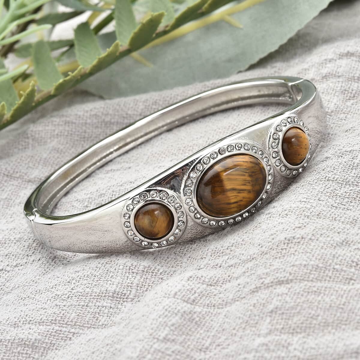 Yellow Tiger's Eye and Austrian Crystal Bangle Bracelet in Stainless Steel (7.25 In) 12.00 ctw image number 1