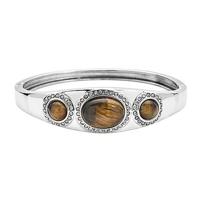 Yellow Tiger's Eye and Austrian Crystal Bangle Bracelet in Stainless Steel (7.25 In) 12.00 ctw