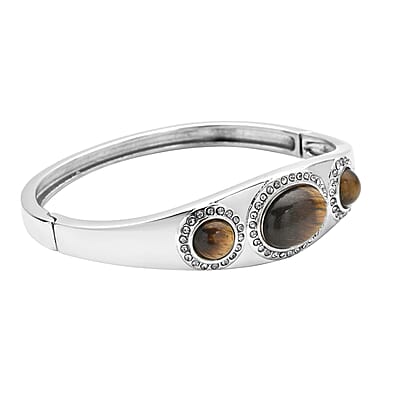 Yellow Tiger's Eye and Austrian Crystal Bangle Bracelet in Stainless Steel (7.25 In) 12.00 ctw
