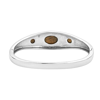 Yellow Tiger's Eye and Austrian Crystal Bangle Bracelet in Stainless Steel (7.25 In) 12.00 ctw