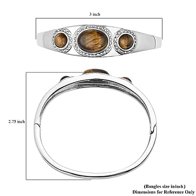 Yellow Tiger's Eye and Austrian Crystal Bangle Bracelet in Stainless Steel (7.25 In) 12.00 ctw