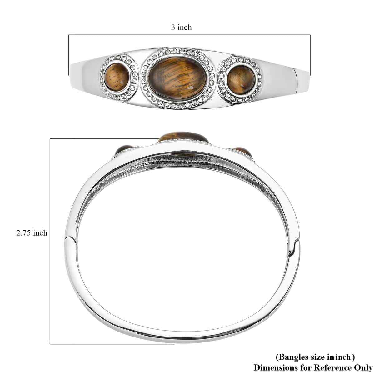 Yellow Tiger's Eye and Austrian Crystal Bangle Bracelet in Stainless Steel (7.25 In) 12.00 ctw image number 6