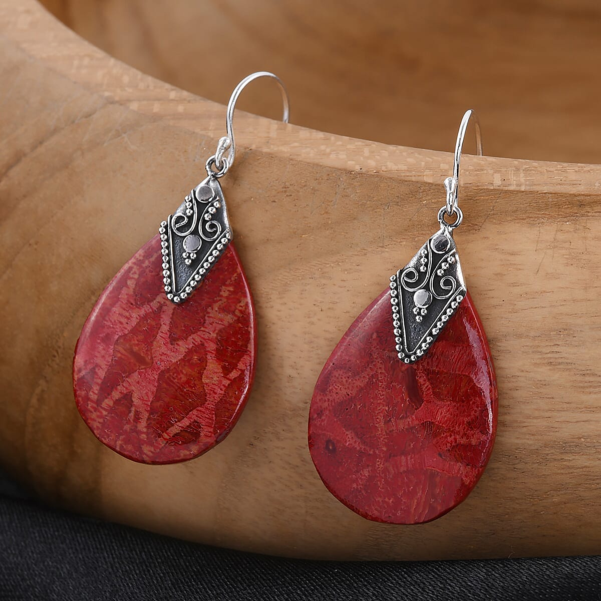 Red Coral Pear Drop Earrings in Sterling Silver image number 1