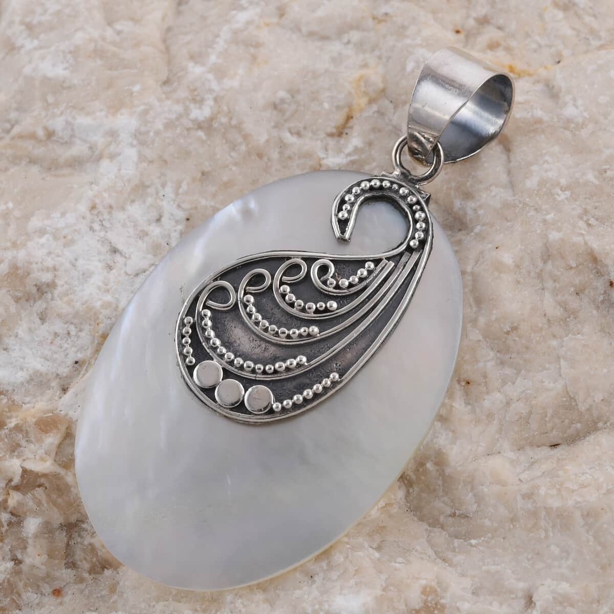 Mother Of Pearl Carved Pendant in Sterling Silver image number 1