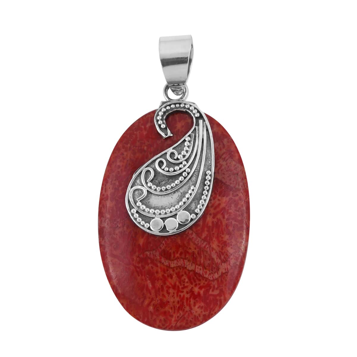 Coral Oval Shape Pendant in Sterling Silver image number 0