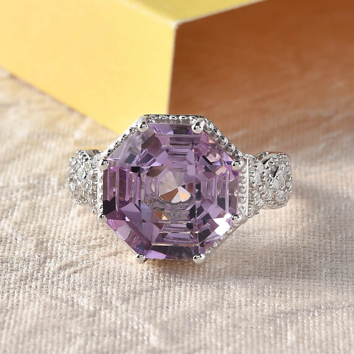 Asscher Cut Rose De France Amethyst and Natural White Zircon Ring in Platinum Over Sterling Silver (Size 10.0) 7.10 ctw image number 1