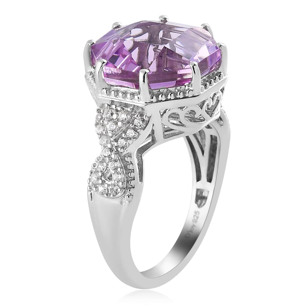 Asscher Cut Rose De France Amethyst and Natural White Zircon Ring in Platinum Over Sterling Silver (Size 10.0) 7.10 ctw image number 3