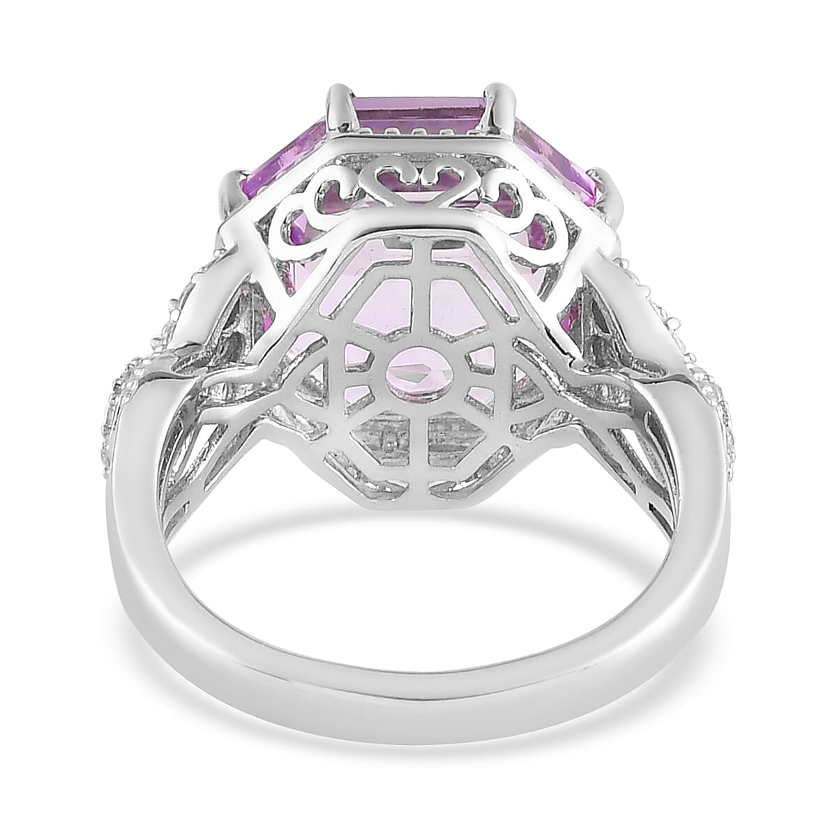 Asscher Cut Rose De France Amethyst and Natural White Zircon Ring in Platinum Over Sterling Silver (Size 10.0) 7.10 ctw