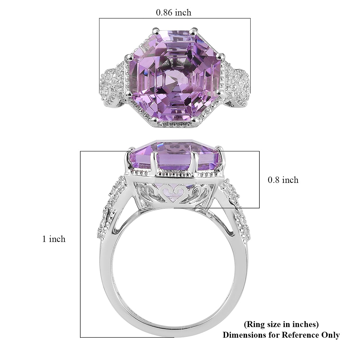 Asscher Cut Rose De France Amethyst and Natural White Zircon Ring in Platinum Over Sterling Silver (Size 10.0) 7.10 ctw