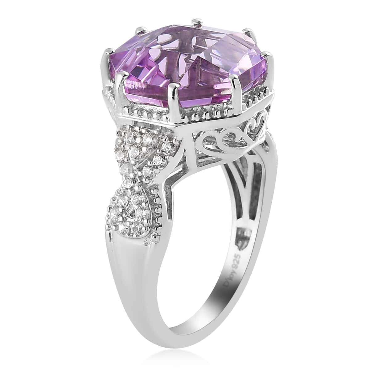 Asscher Cut Rose De France Amethyst and Natural White Zircon Ring in Platinum Over Sterling Silver (Size 7.0) 7.10 ctw image number 3