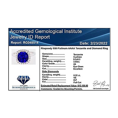 Certified and Appraised Rhapsody 950 Platinum AAAA Tanzanite and E-F VS Diamond Halo Ring (Size 5.5) 5.65 Grams 3.25 ctw