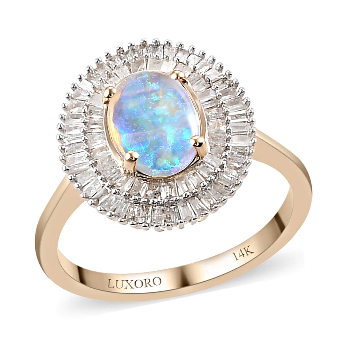 LUXORO 14K Yellow Gold AAA Australian Lightning Ridge Black Opal and G-H I3 Diamond Double Halo Ring 3.05 Grams 1.15 ctw image number 0