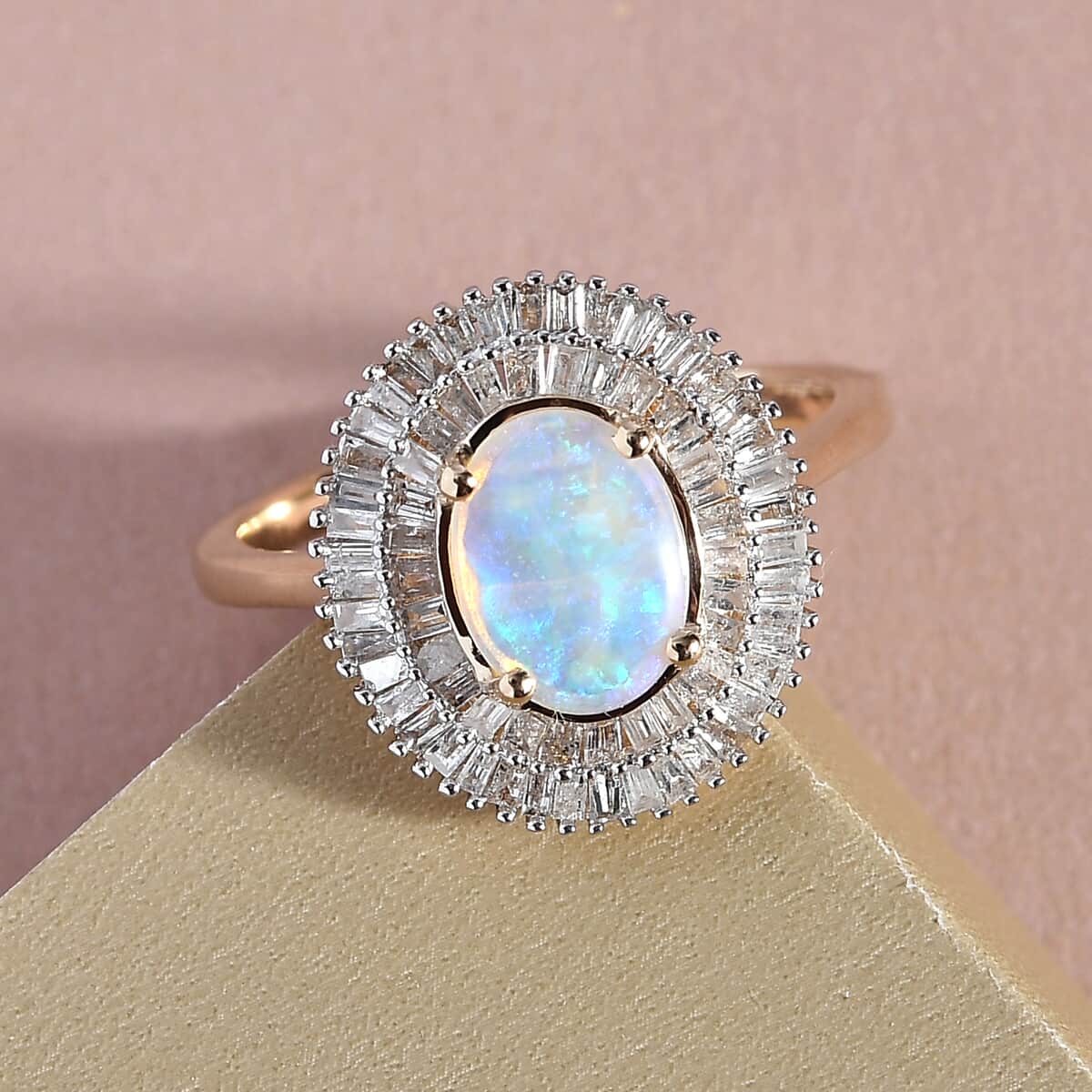 LUXORO 14K Yellow Gold AAA Australian Lightning Ridge Black Opal and G-H I3 Diamond Double Halo Ring 3.05 Grams 1.15 ctw image number 1