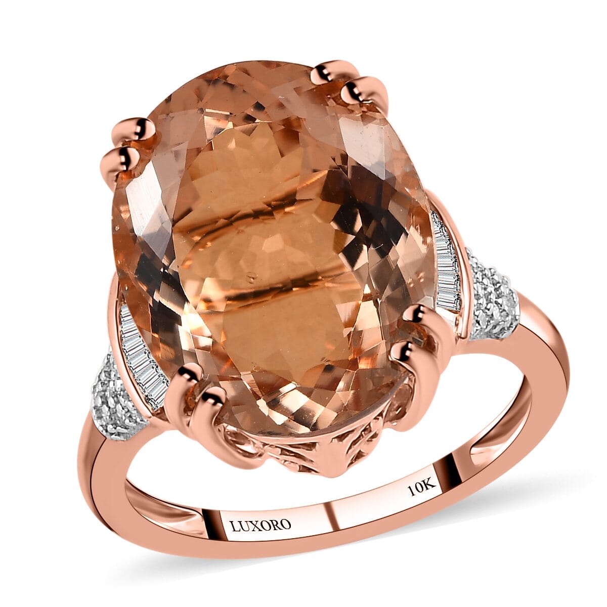 Luxoro 14K Rose Gold AAA Marropino Morganite and G-H I2 Diamond Ring (Size 5.5) 4.25 Grams 8.75 ctw image number 0