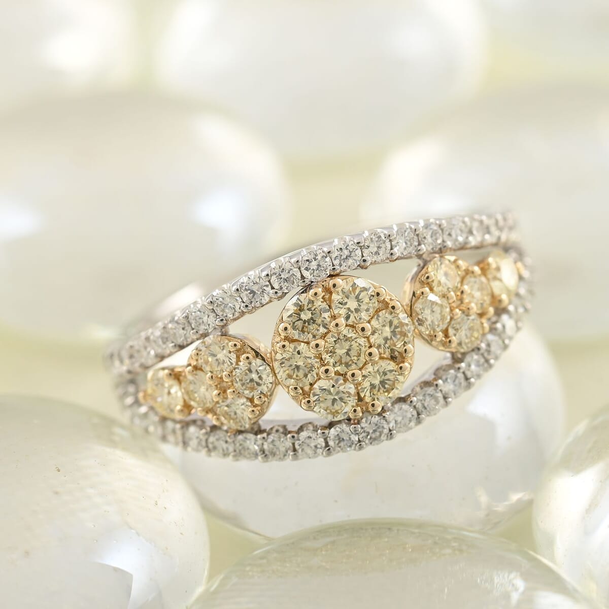 14K White and Yellow Gold Diamond and Natural Yellow Diamond Flower Ring (Size 5.5) 1.00 ctw image number 1