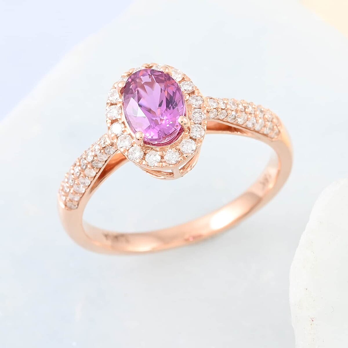 Certified and Appraised Iliana 18K Rose Gold AAA Madagascar Pink Sapphire and G-H SI Diamond Halo Ring (Size 6.5) 1.35 ctw image number 1